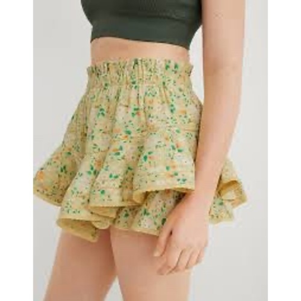 Aerie Yellow Floral Ruffle Skort Smocked Waist Cotton Lace Trim Small